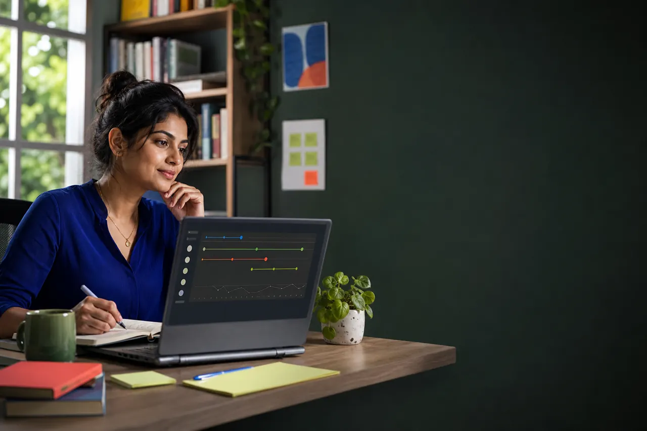 A teacher thoughtfully reviews a private learning activity signal on a laptop.